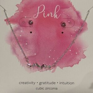 Silver Tone Pink CZ Stud Earrings and Necklace Set with CZ Accents